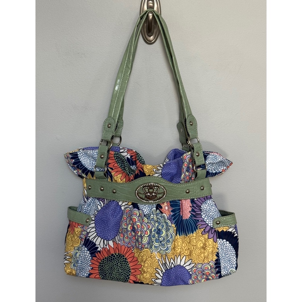 Floral Print Shoulder Bag Sage Green Croc Trim Rhinestone Crown Heart Buckle Y2K